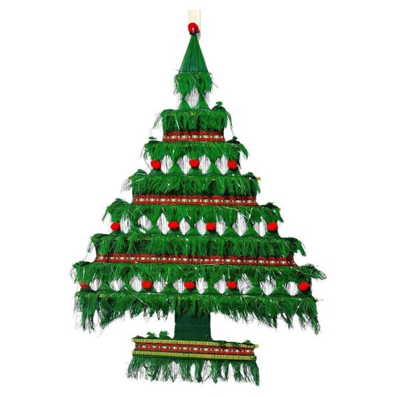 Vintage Macrame Christmas Tree Wall Hanging 40" X 28" Woven Pom Poms Tinsel Boho - Picture 5 of 5